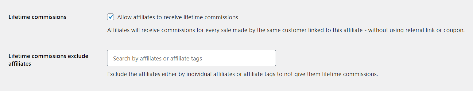 Lifetime commission settings