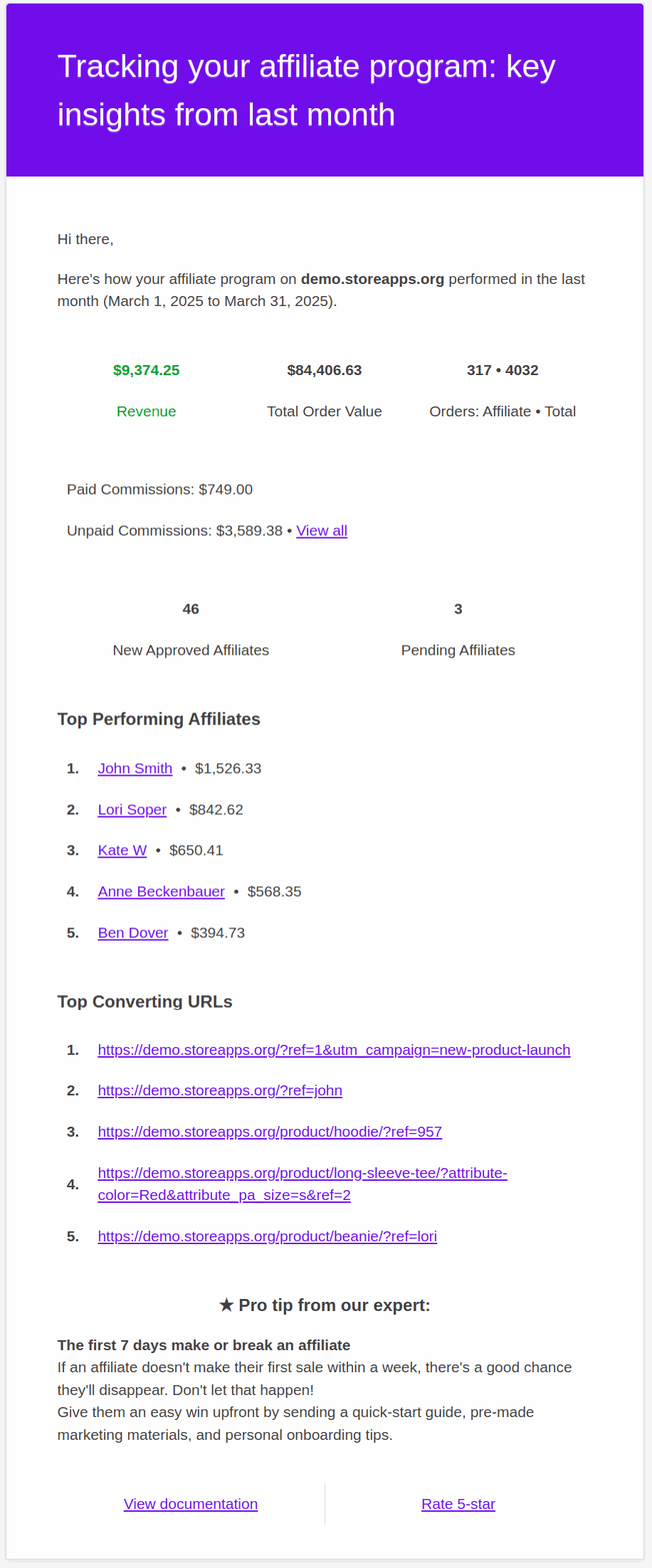 affiliate program performance email