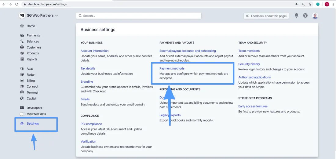 Stripe payment method settings