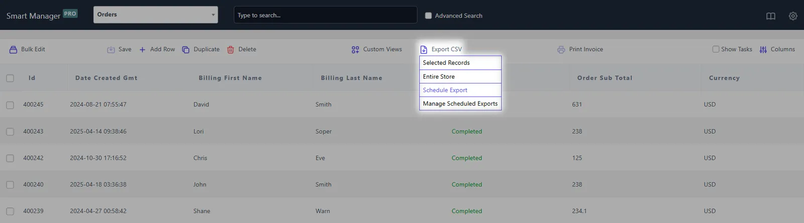 Smart Manager automate WooCommerce orders export scheduling option