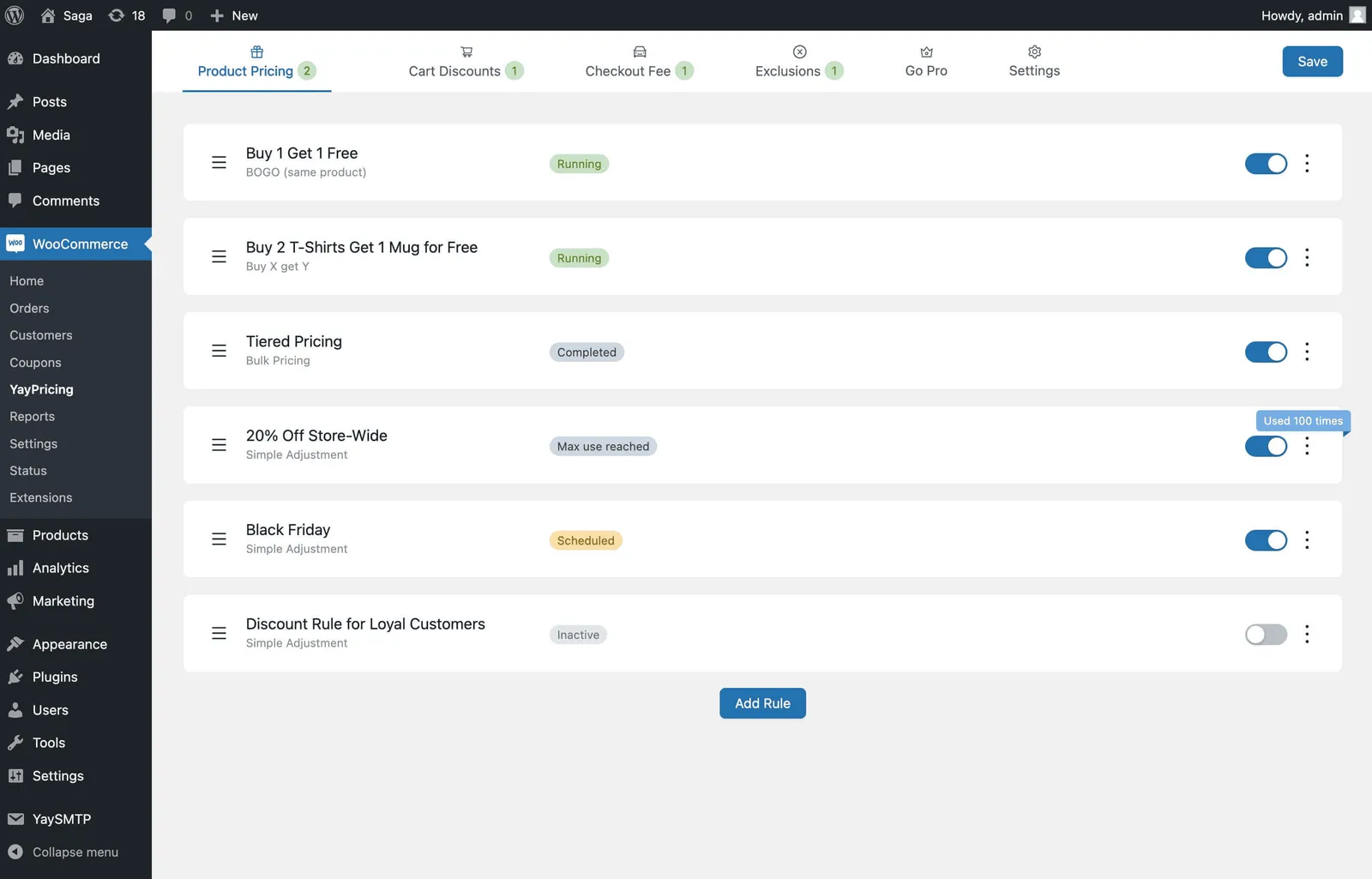 YayPricing WooCommerce discount dashboard