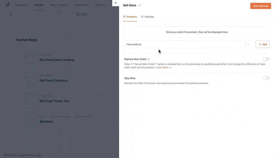 CartFlows upsell step product panel with Replace Main Order and Skip Offer settings