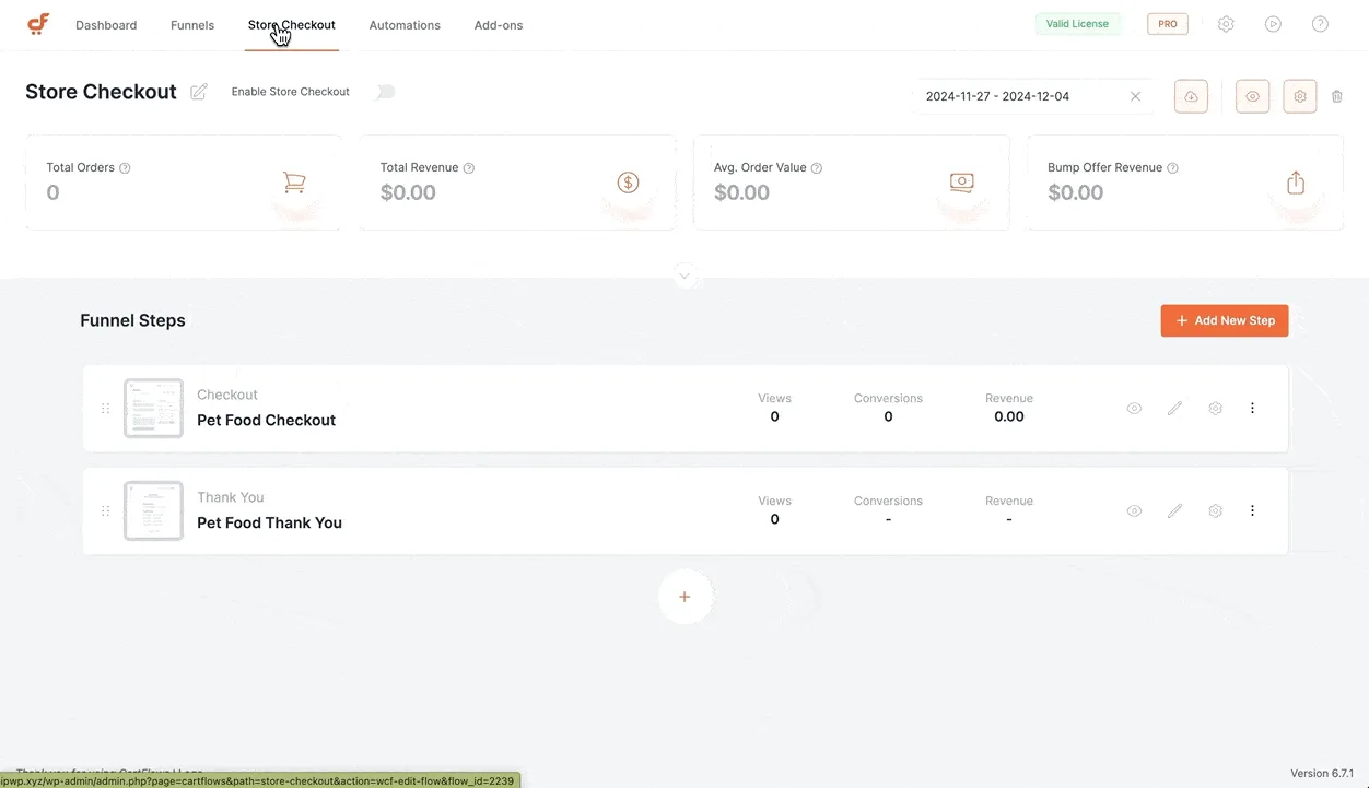 CartFlows Store Checkout screen with funnel steps and revenue totals