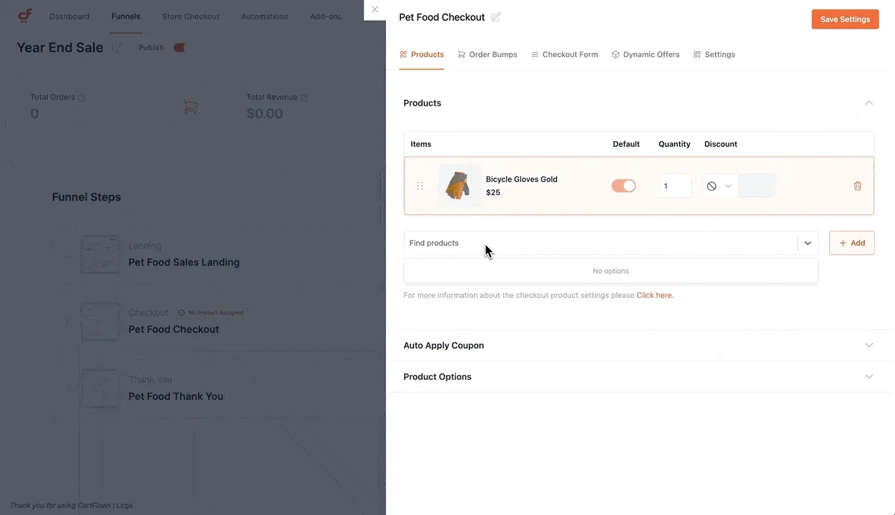 CartFlows checkout step settings with Products, Order Bumps and Checkout Form tabs