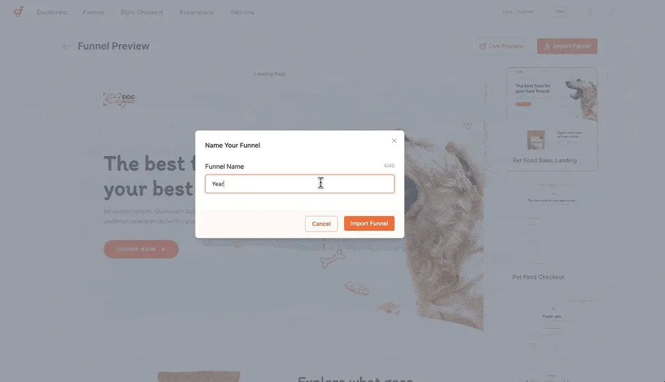 CartFlows funnel preview with the Name Your Funnel import dialog