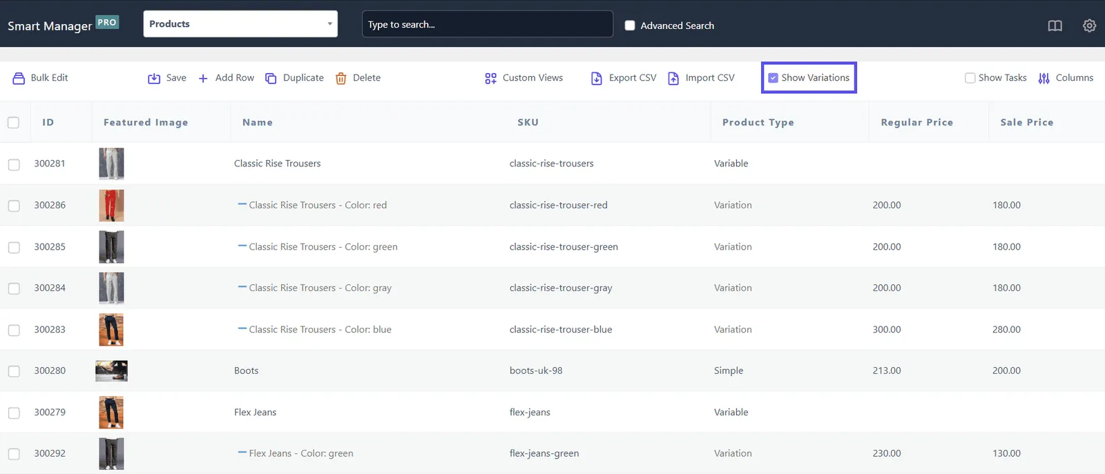 WooCommerce Product Variations in Smart Manager