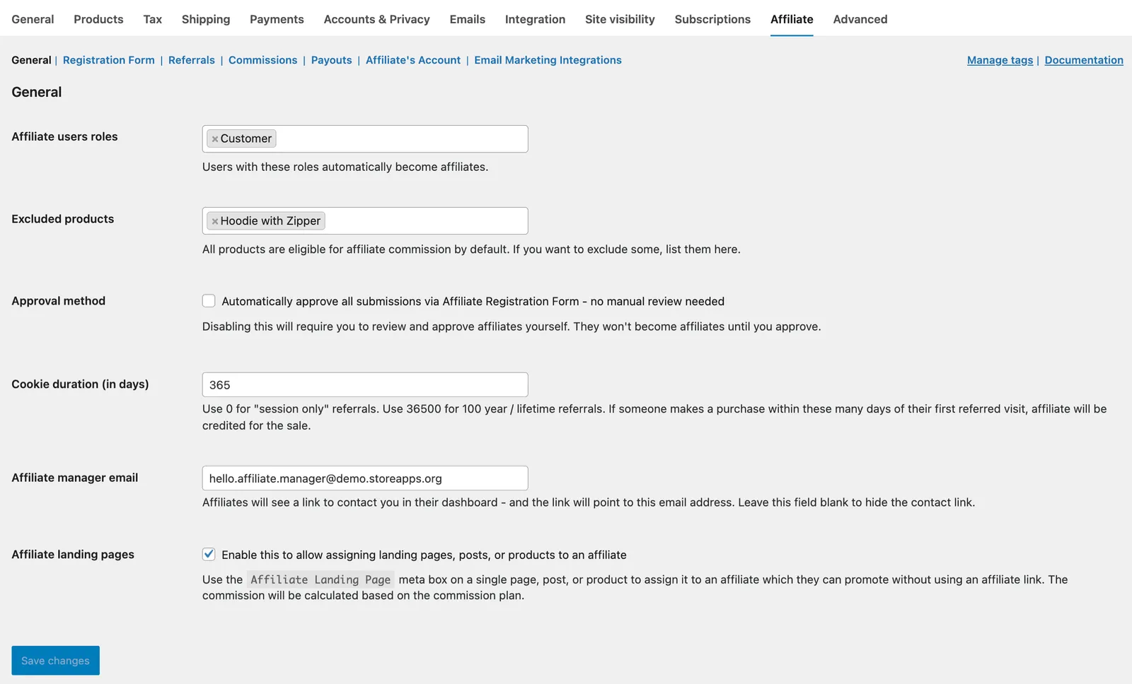 Affiliate for WooCommerce settings