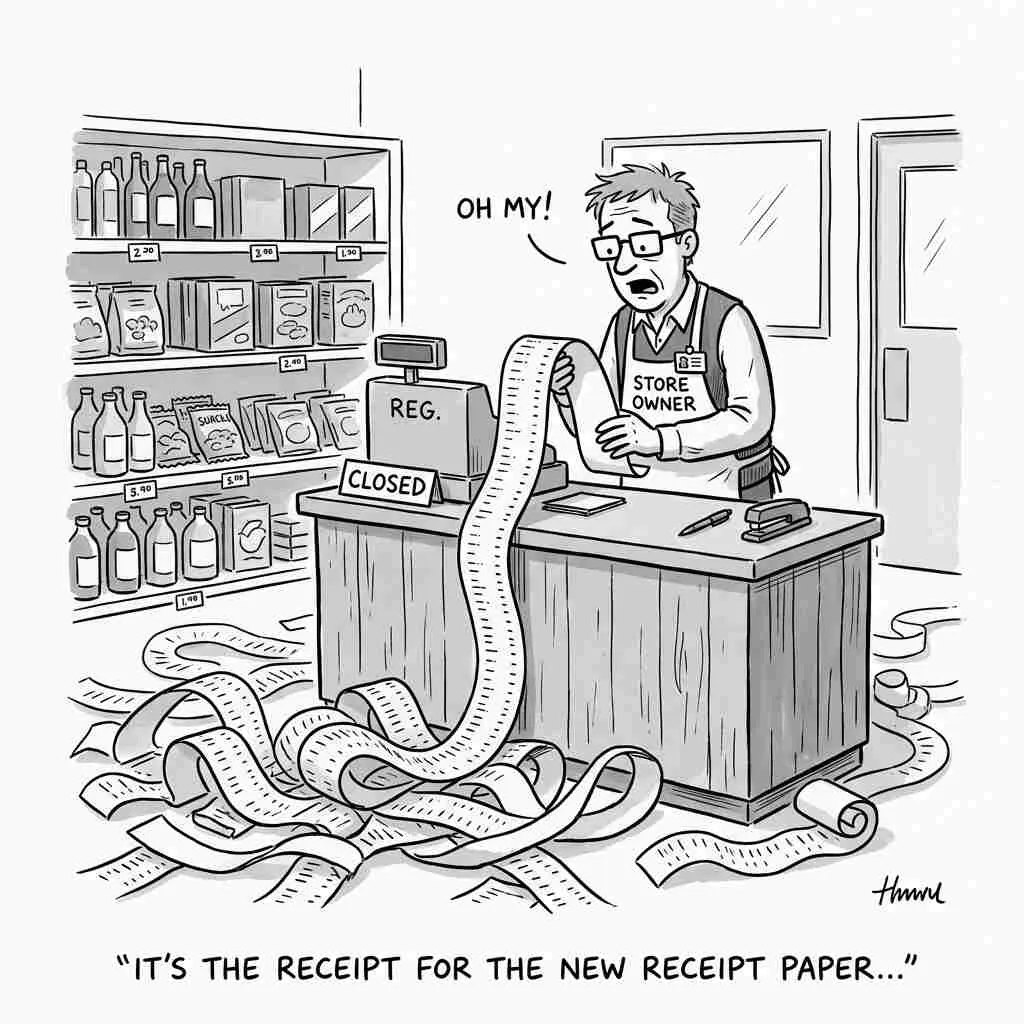Cartoon: a shop owner at a closed register, tangled in an endless till receipt