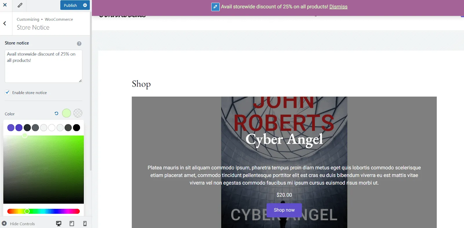 edit store notice of woocommerce shop page