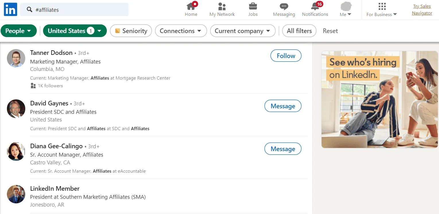hashtag searching affiliates on linkedin