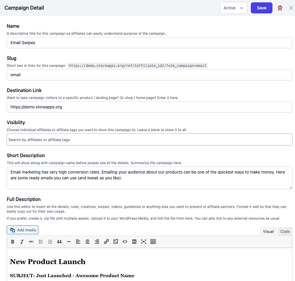 Create and share email campaigns with affiliates