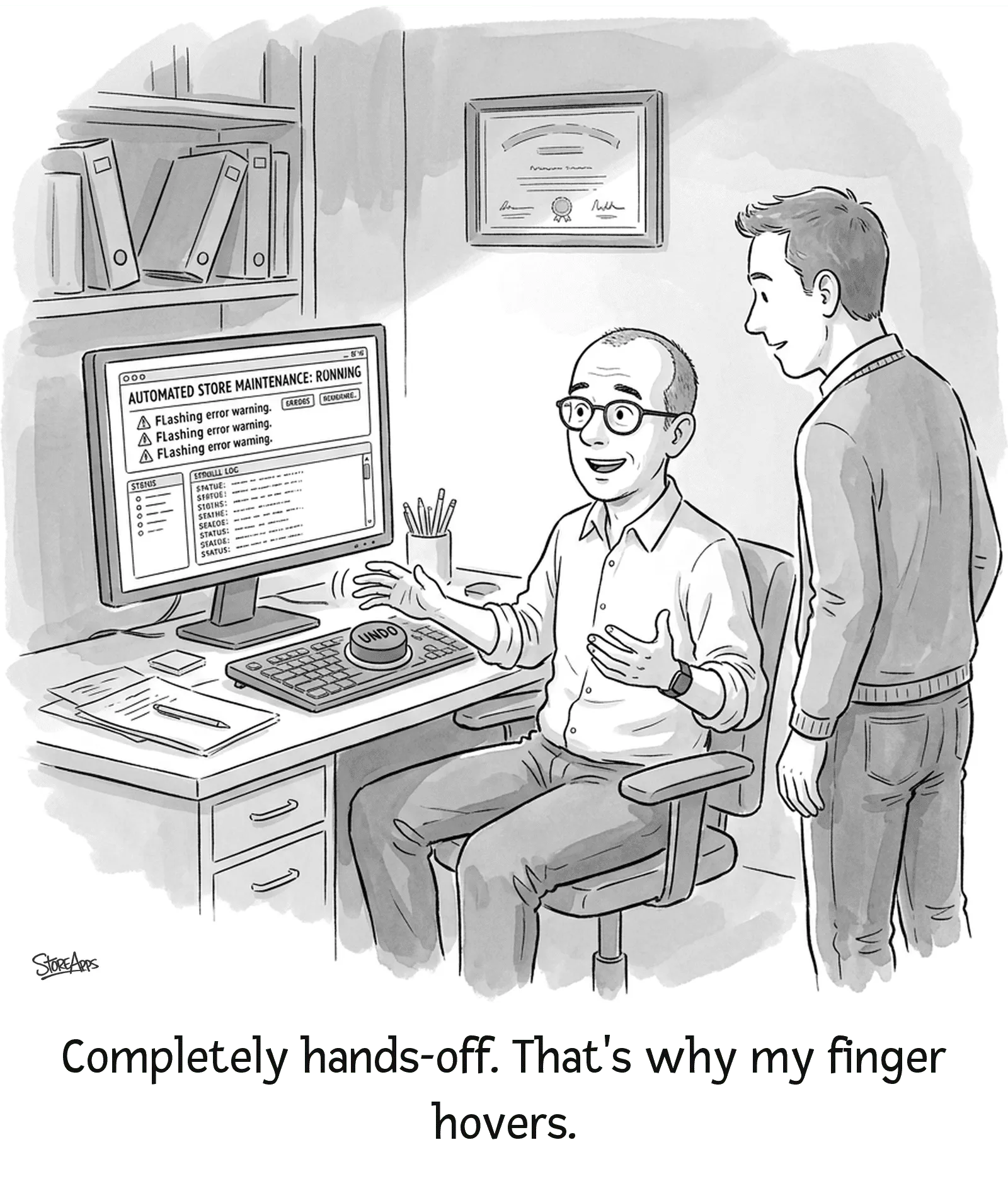Cartoon: Nate explains his automated store maintenance while nervously hovering over the rollback button