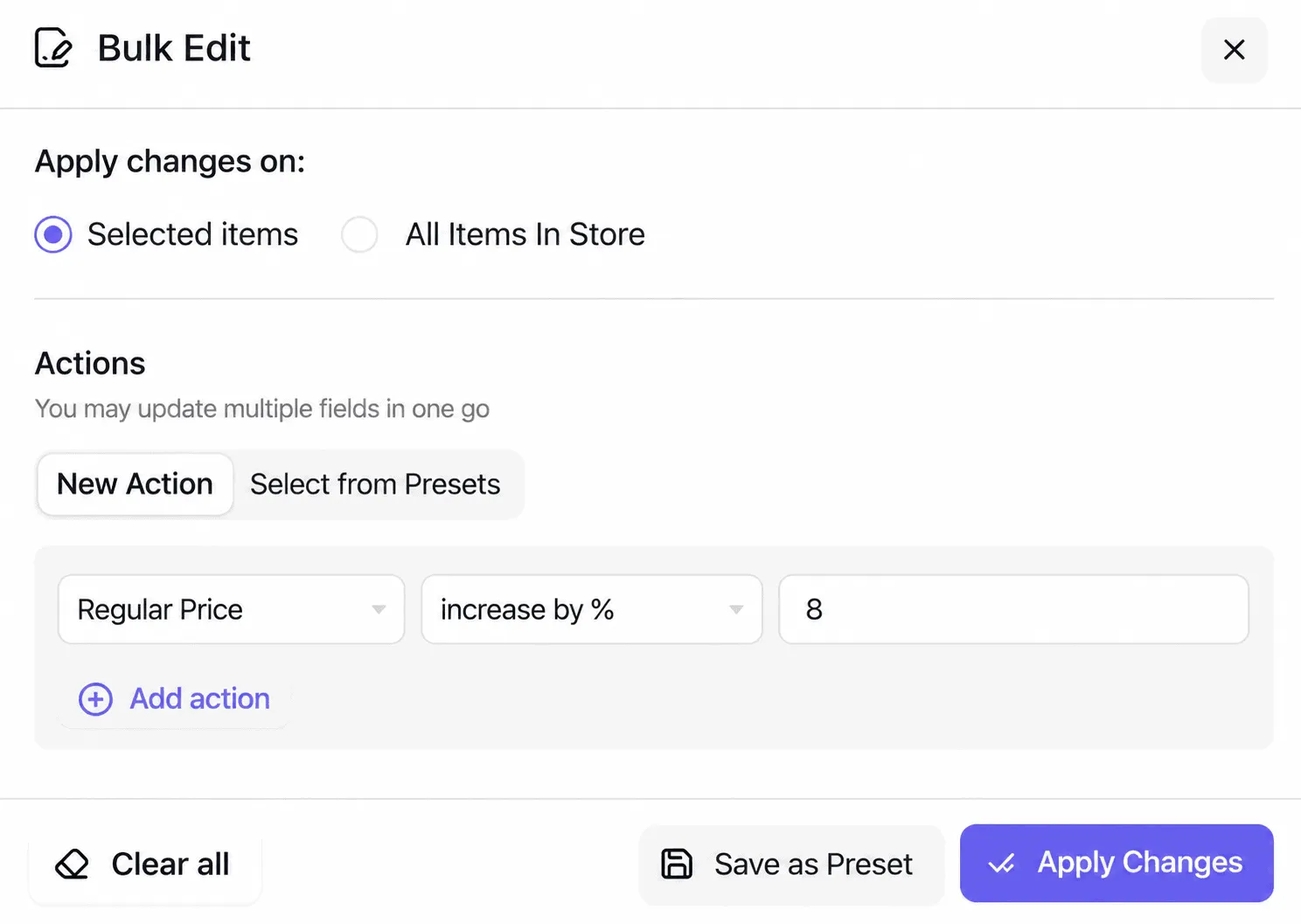 Smart Manager bulk edit modal configuring percentage price increase