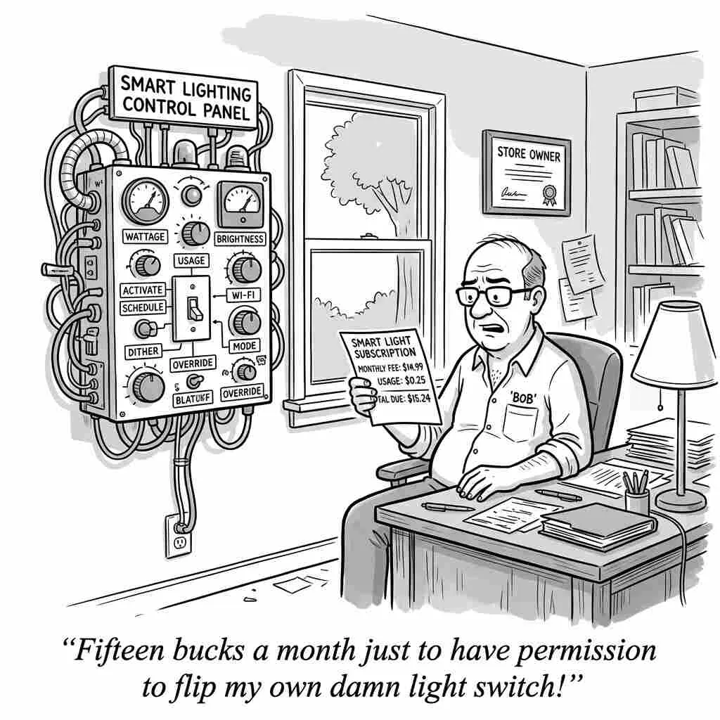 Cartoon: a store owner beside a giant smart-lighting control panel, reading his subscription bill