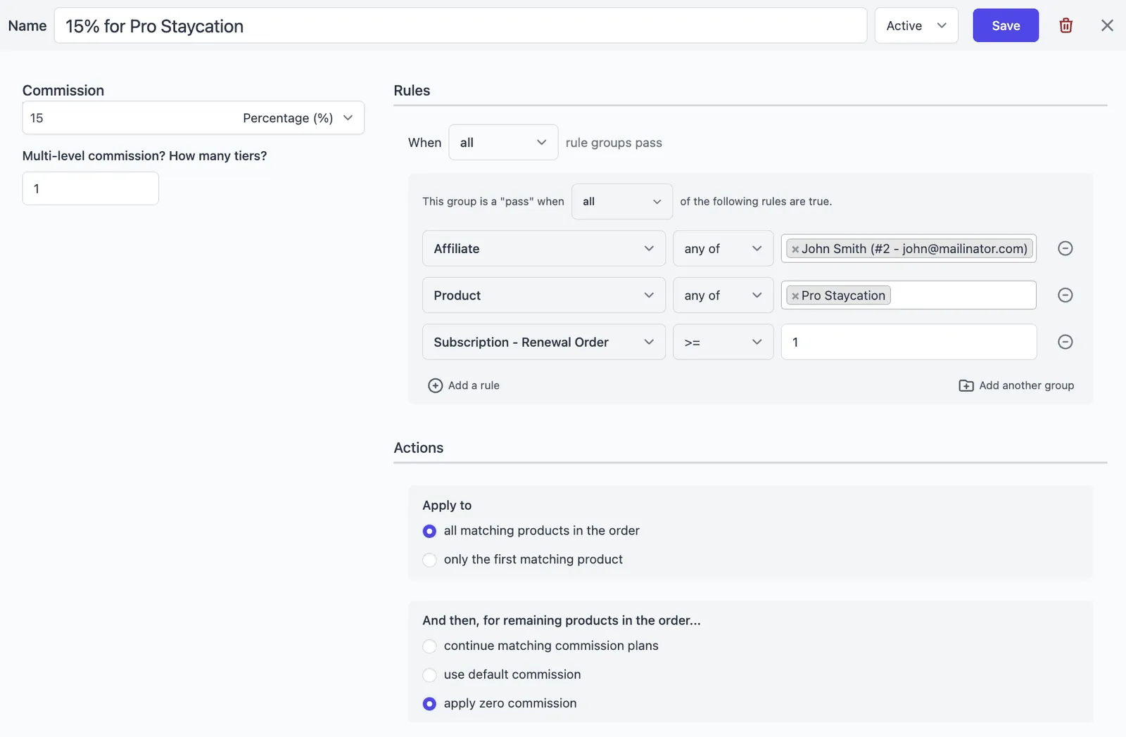 commission plan for membership based subscription product renewal