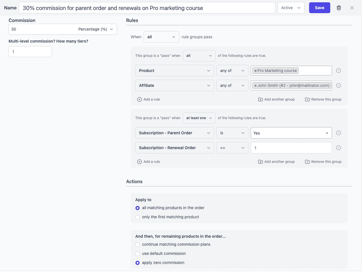 same commission for parent order and renewals on product or category for affiliate