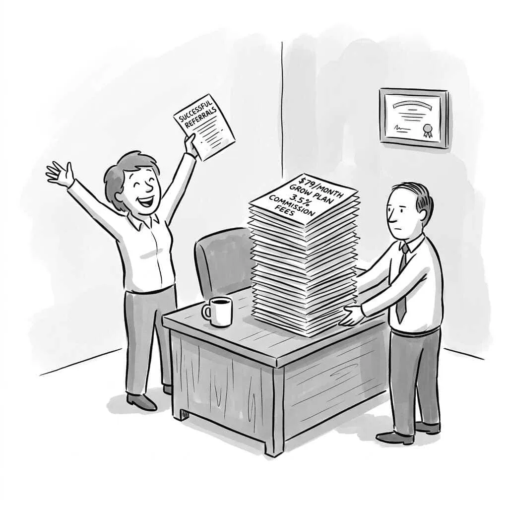 Cartoon: a store owner cheers a successful referral while her colleague stands behind a towering stack of commission-fee invoices