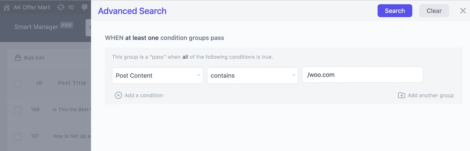 advanced search to find content using Smart Manager