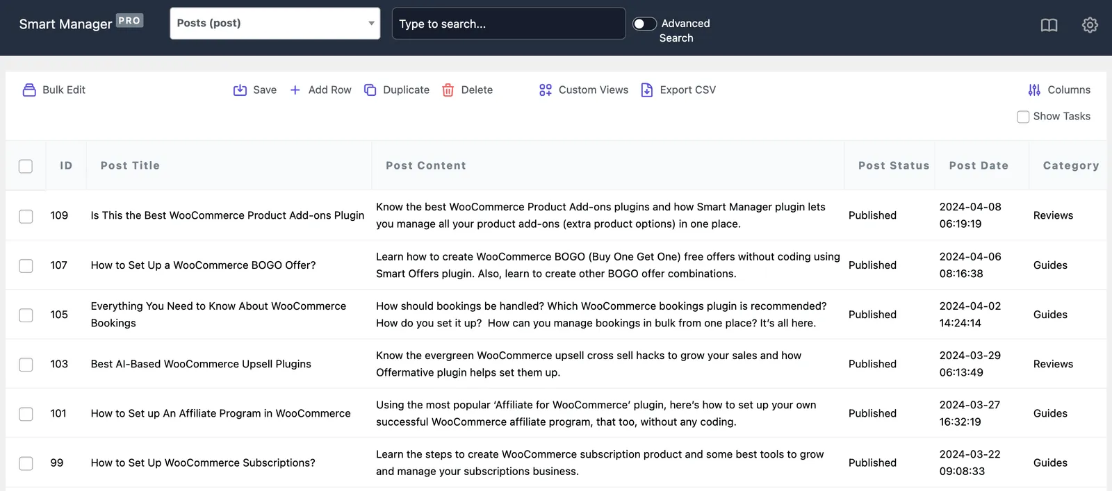 Smart Manager blog posts dashboard WooCommerce