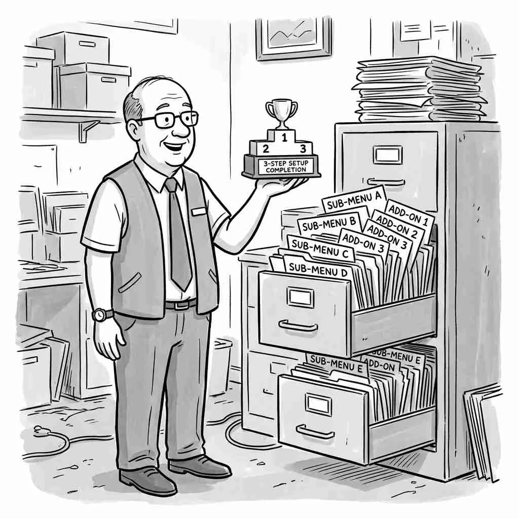 Cartoon: a store owner proudly holds a setup trophy beside a filing cabinet overflowing with sub-menu and add-on folders