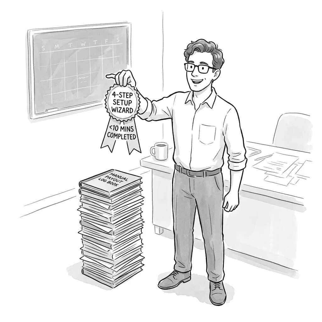 Cartoon: a store owner proudly holds up a ribbon reading "4-step setup wizard, under 10 mins, completed" beside a tall stack labelled "Manual payout log book"