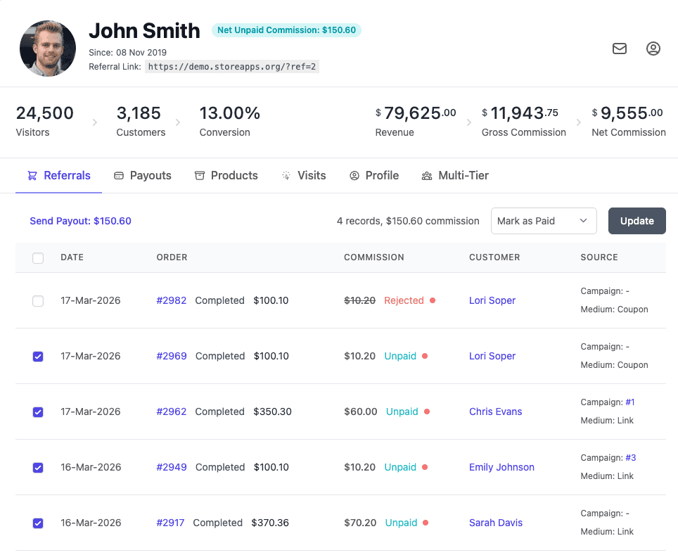 select referrals for Stripe payouts