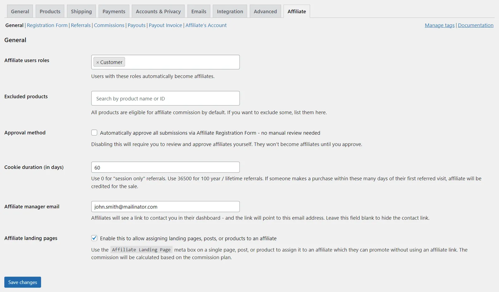 WooCommerce affiliate program general settings