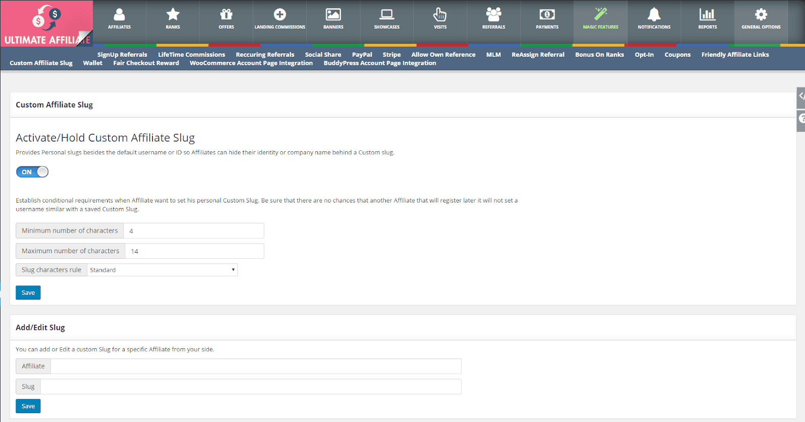 ultimate affiliate pro referral links settings
