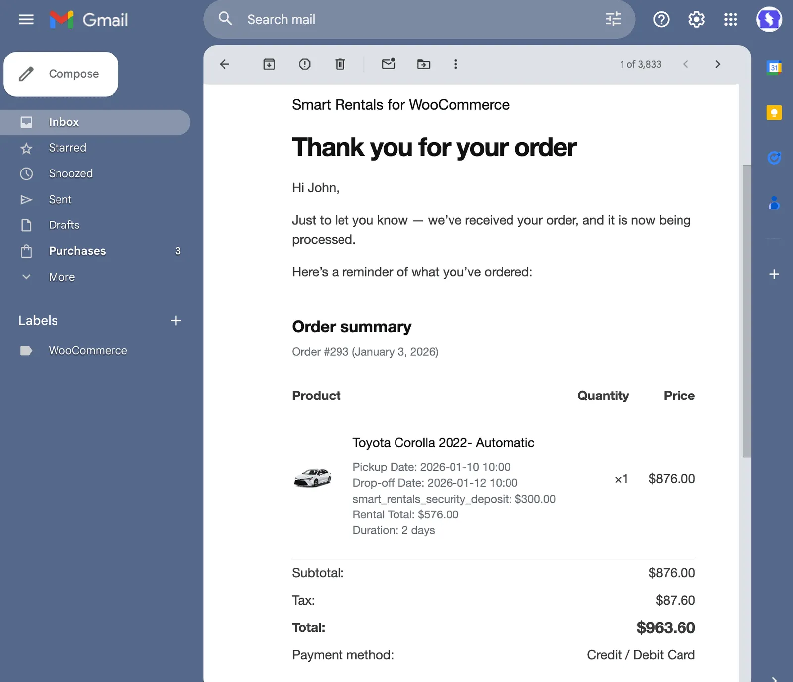 customer notified about their rental booking via email