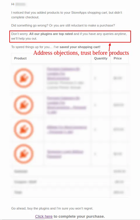 WooCommerce abandoned cart email address objections before products