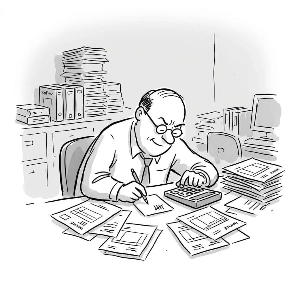 Cartoon: a bookkeeper hunched over a calculator, tallying a desk covered in invoices