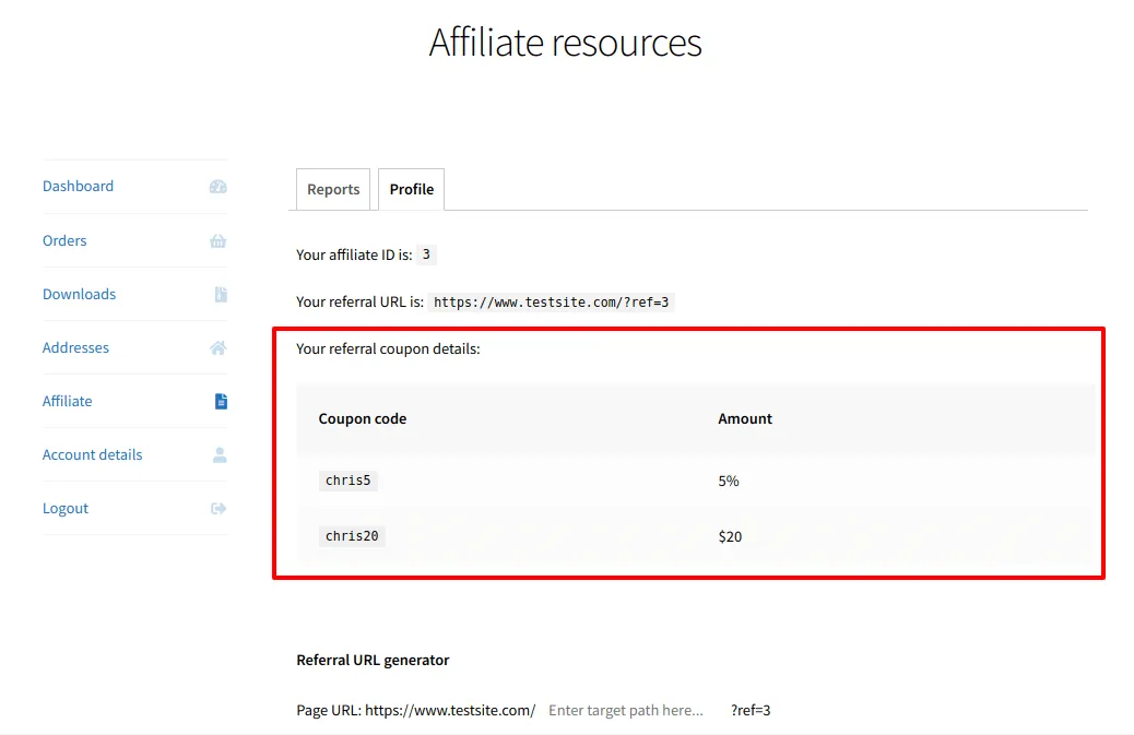 Affiliate for WooCommerce list of coupons under affiliate Profile