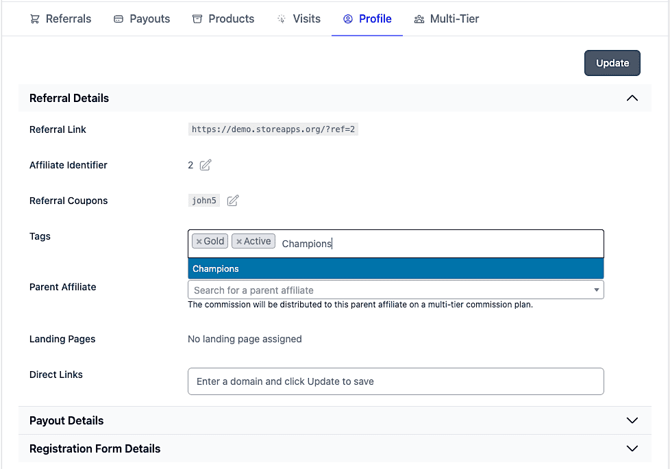 Assign tags to affiliate