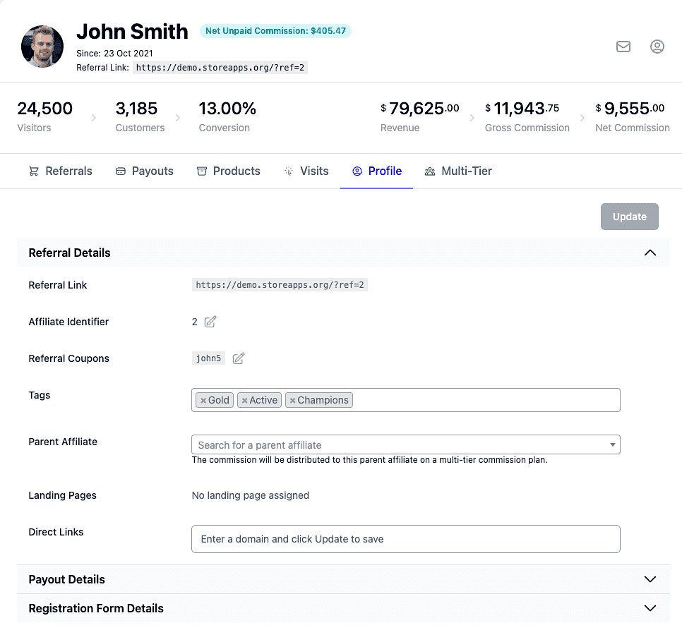 assigned affiliate tags in profile