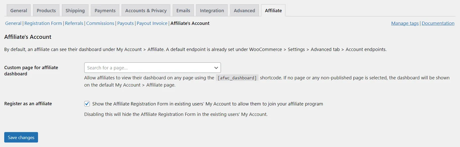 Affiliate for WooCommerce affiliate’s account settings