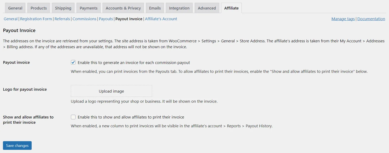 Affiliate for WooCommerce payout invoice settings