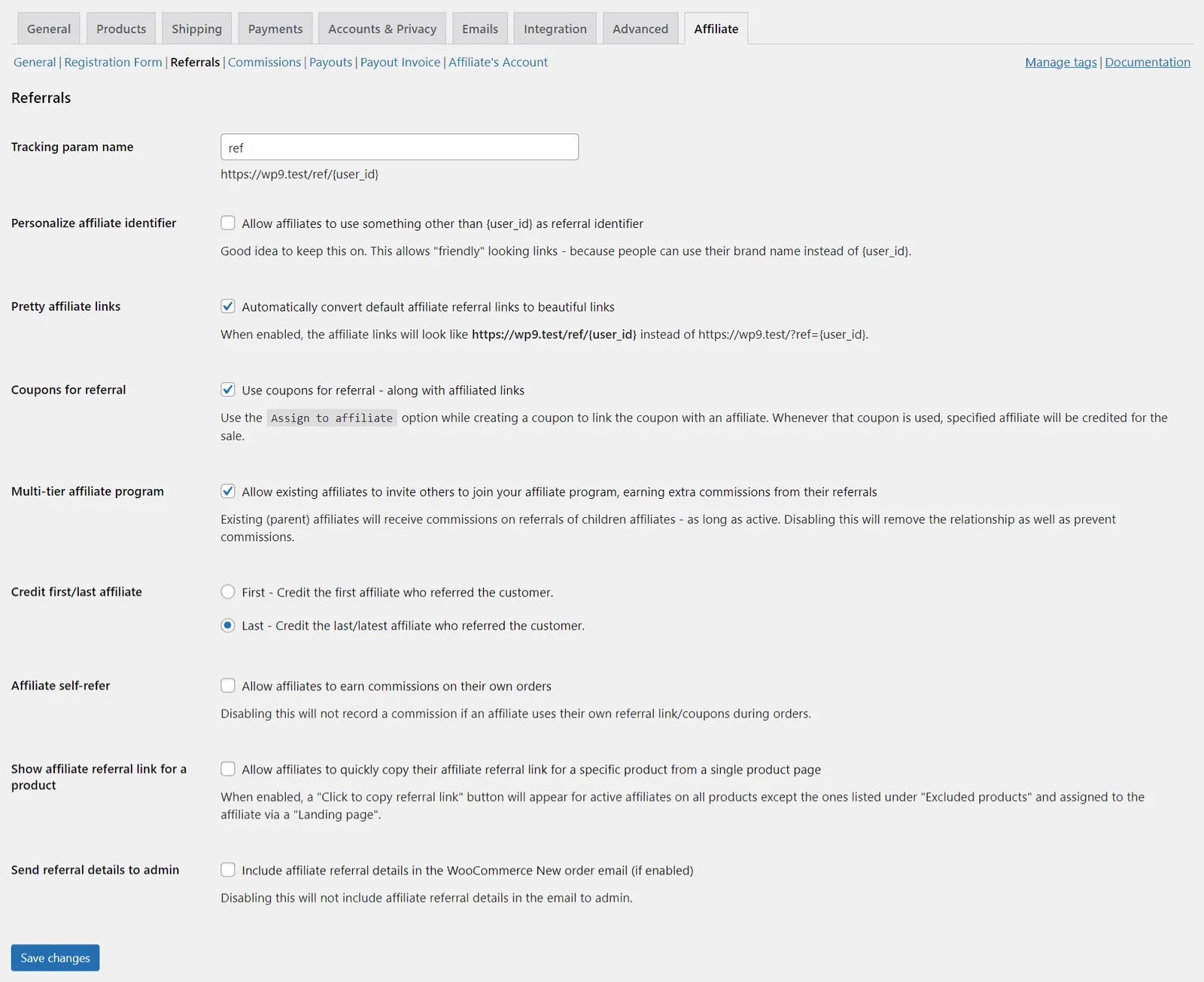 Affiliate for WooCommerce referral settings