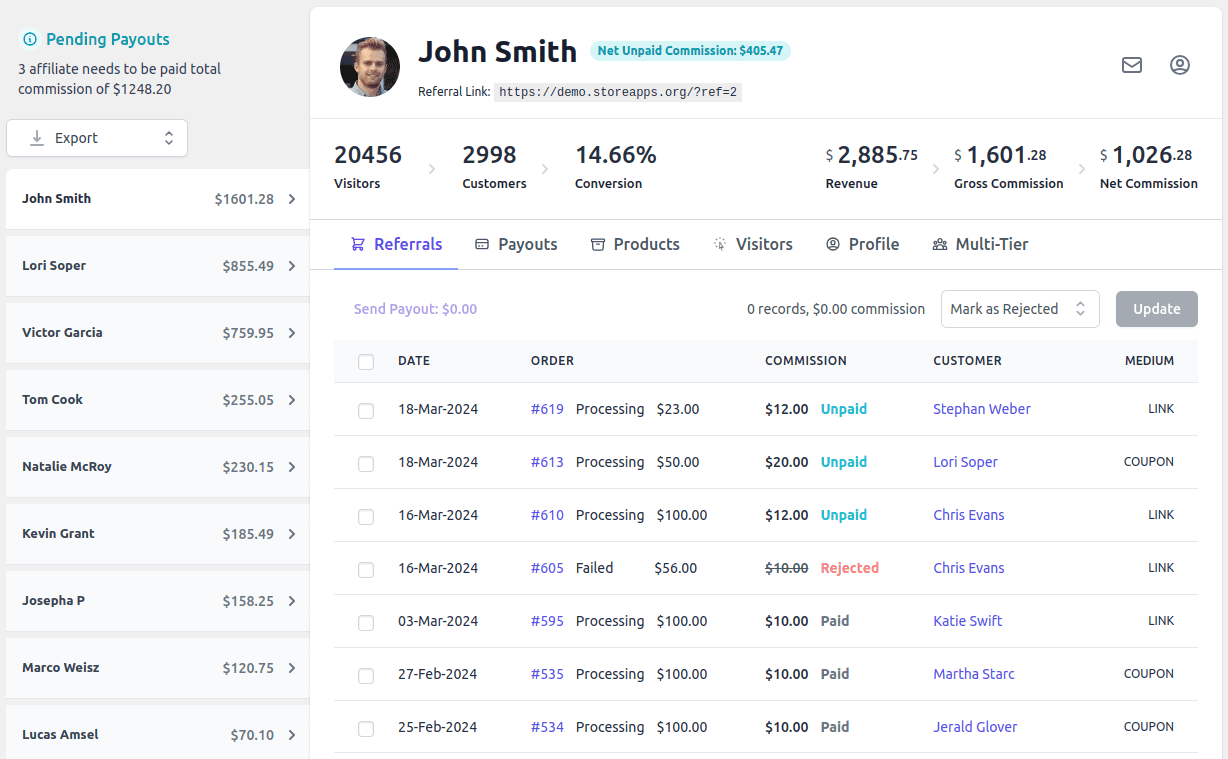 Affiliate for WooCommerce referrals tab