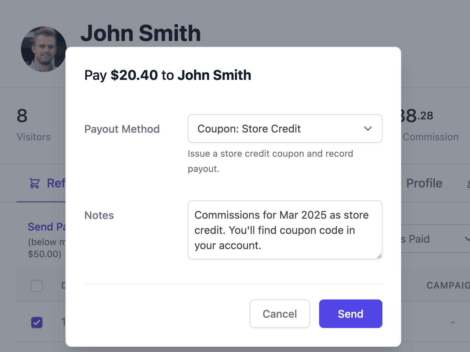 select store credit option for payouts