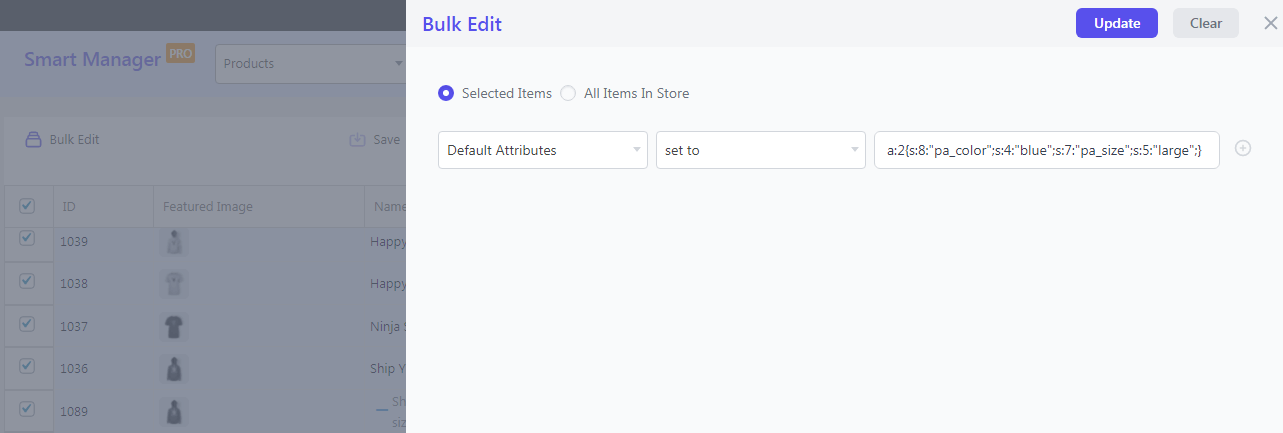 Set default WooCommerce attributes in bulk with Smart Manager