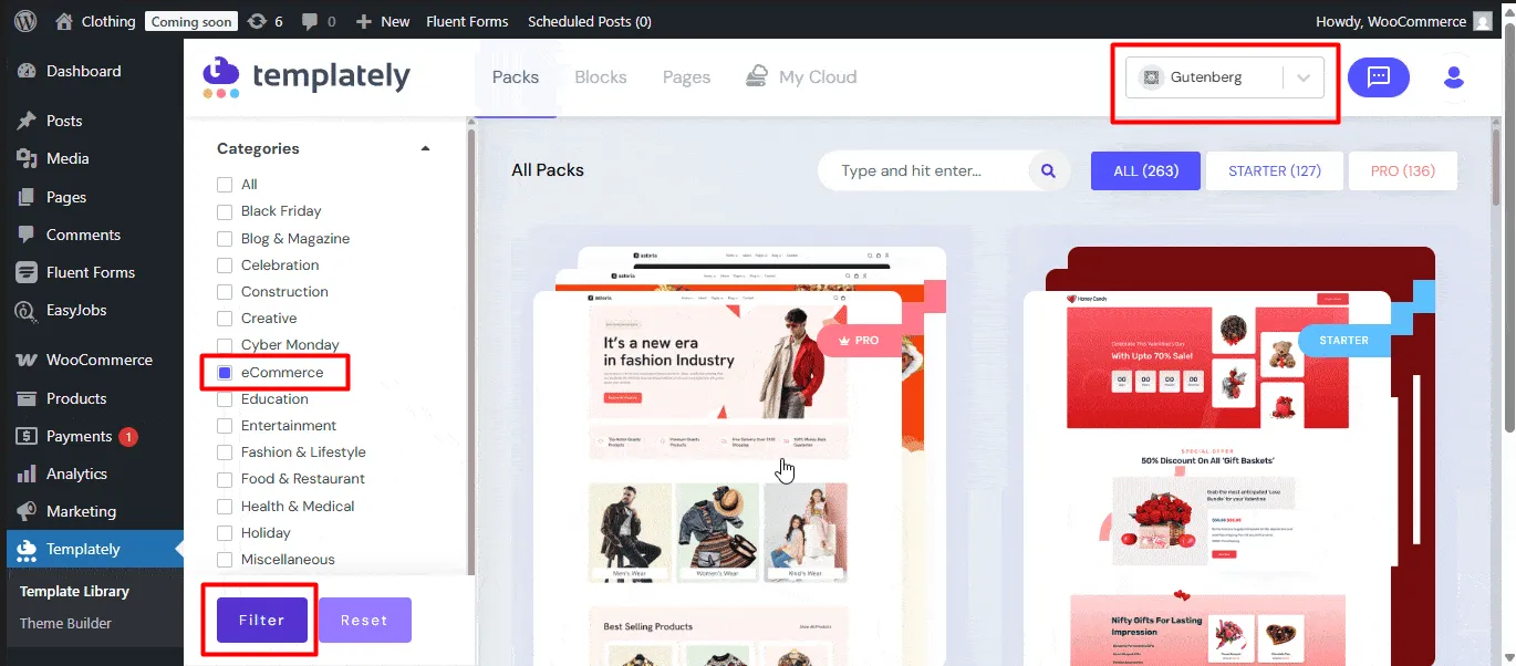 select Gutenberg eCommerce and filter