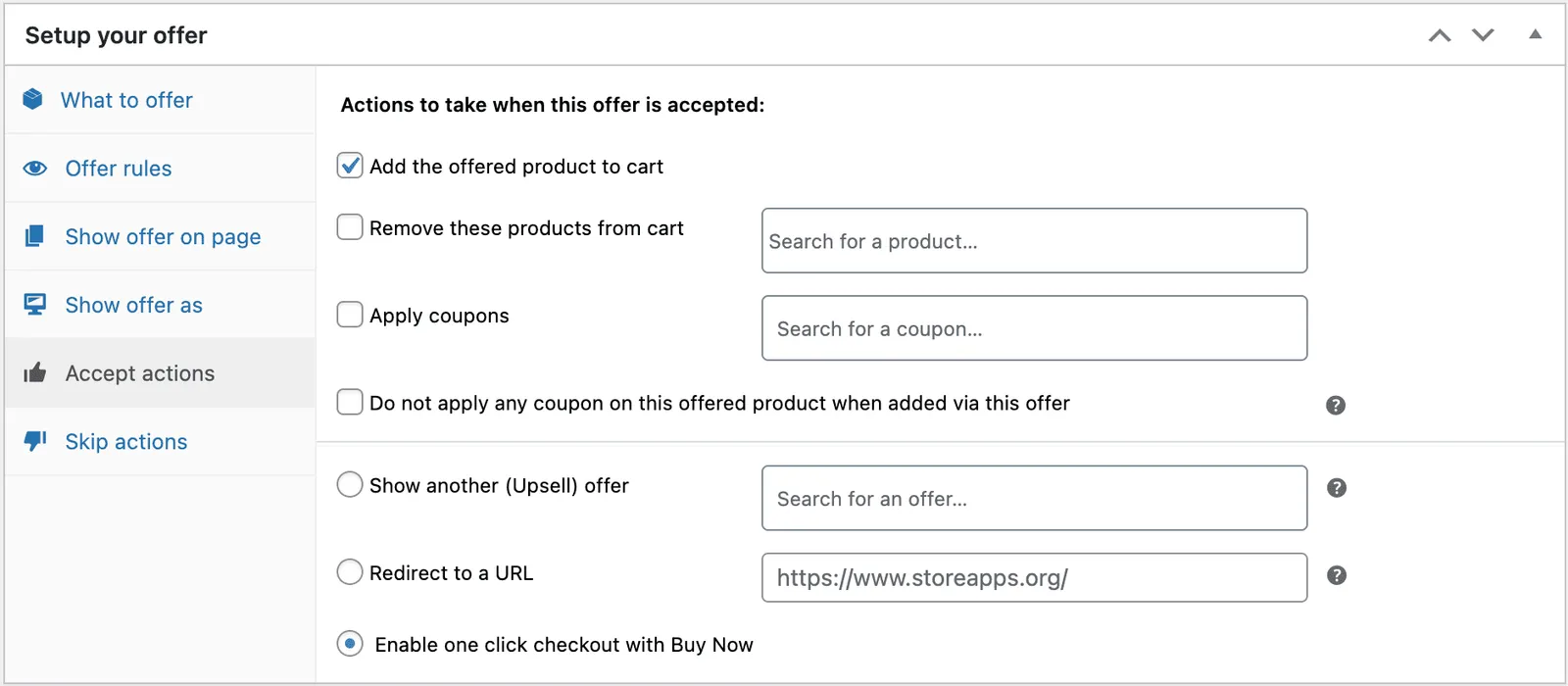 Select actions when upsell offer is accepted