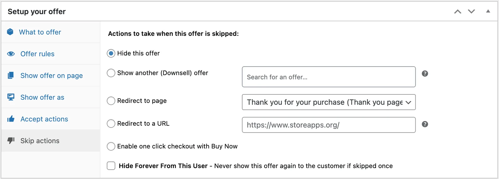 Select actions when upsell offer is rejected