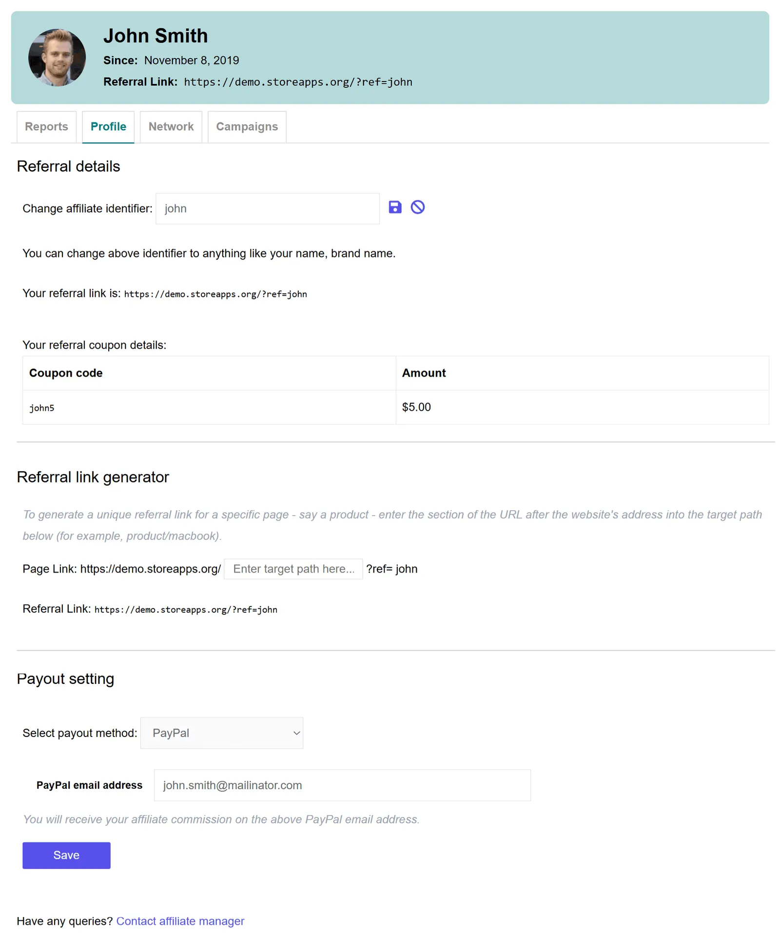affiliate profile coupon code referral link and other details