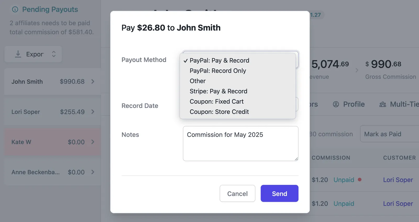Process affiliate payouts