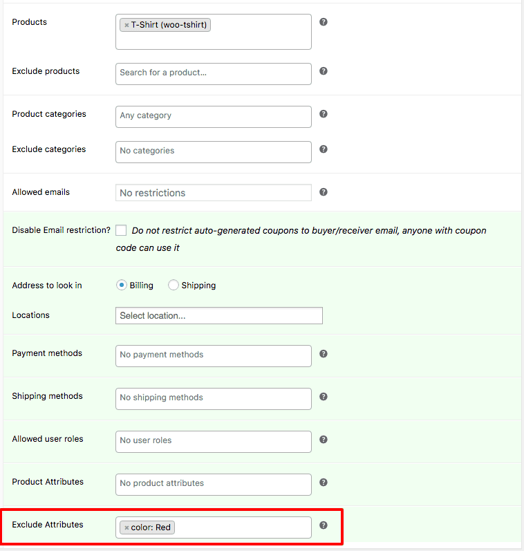 WooCommerce coupon product attribute exclude setting