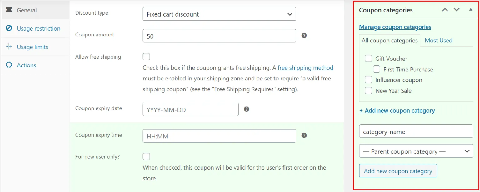 Associate coupon to a category