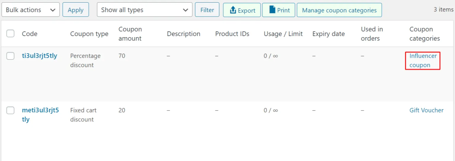 WooCommerce filter coupons by category