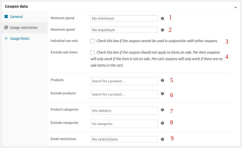 WooCommerce coupons set coupon usage restrictions