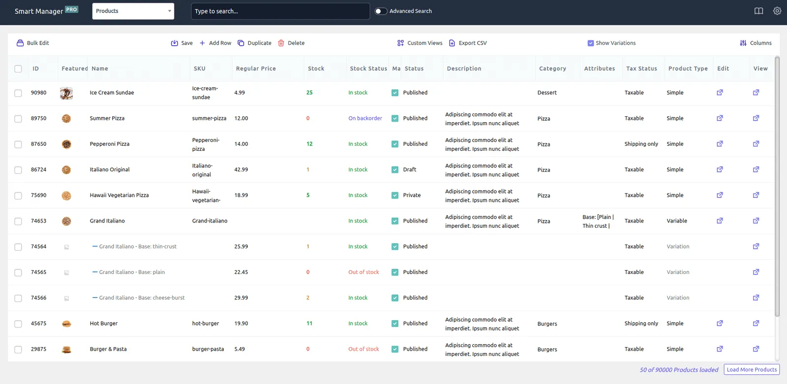 Smart Manager products dashboard